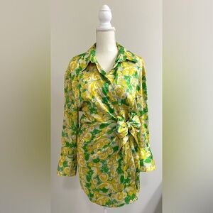 Zara Womens XL Green Yellow Mod Floral Pattern Long Sleeve Wrap Dress Retro